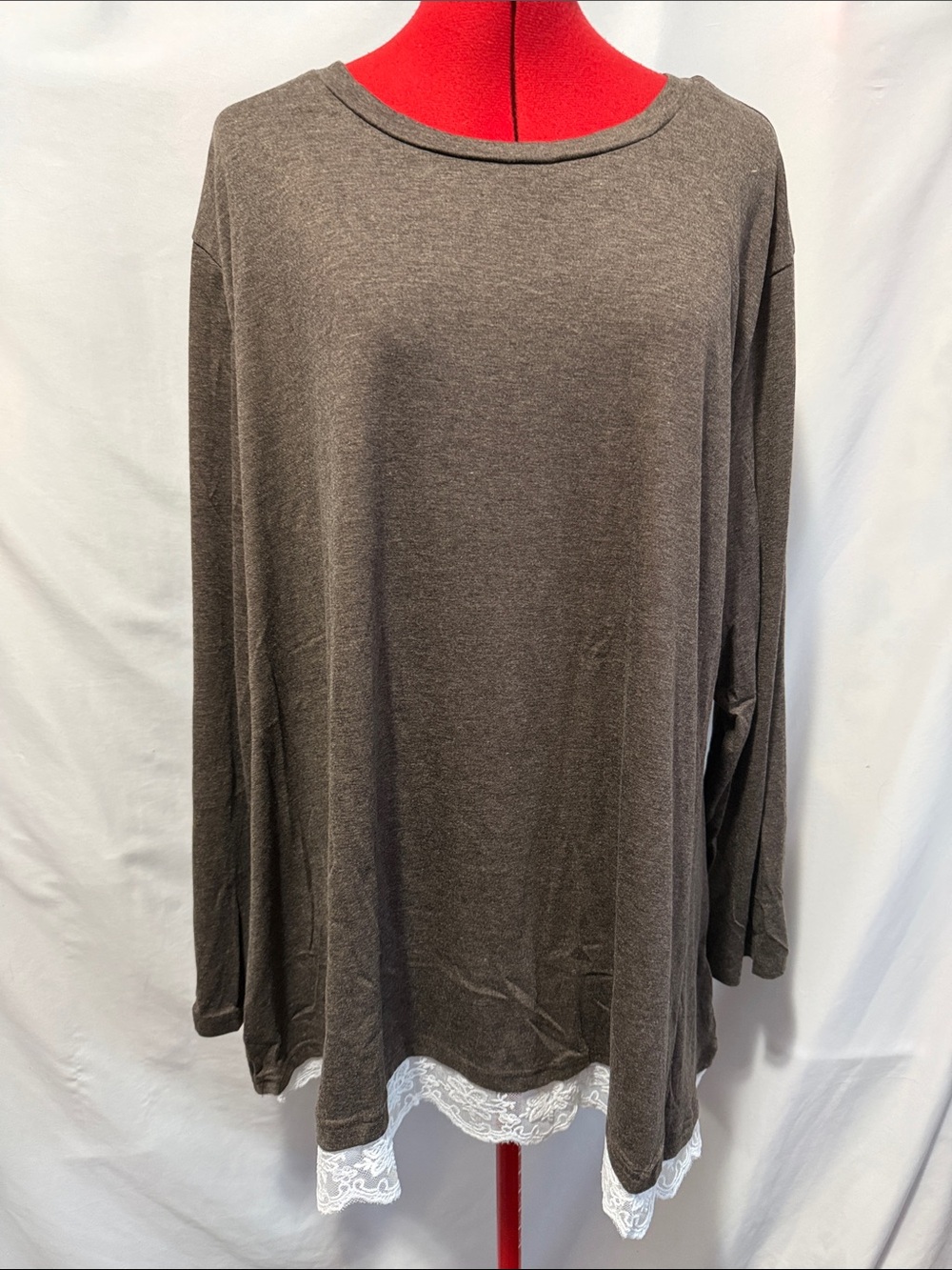 Relaxed Brown Long Sleeve Lace-Hem Tunic Top